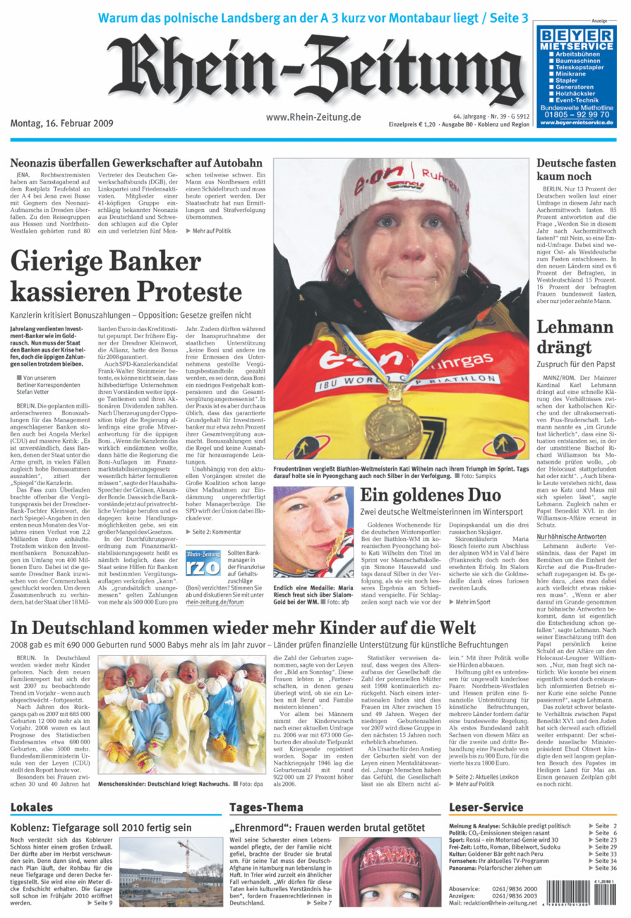 Rhein-Zeitung Koblenz & Region vom Montag, 16.02.2009