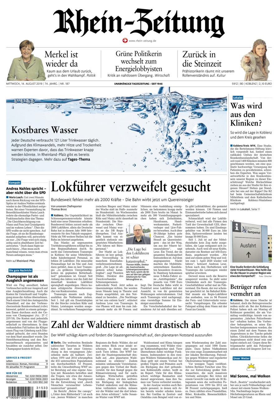 Rhein-Zeitung Koblenz & Region vom Mittwoch, 14.08.2019
