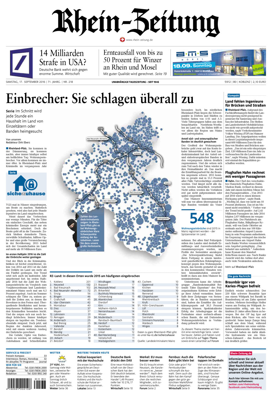 Rhein-Zeitung Koblenz & Region vom Samstag, 17.09.2016