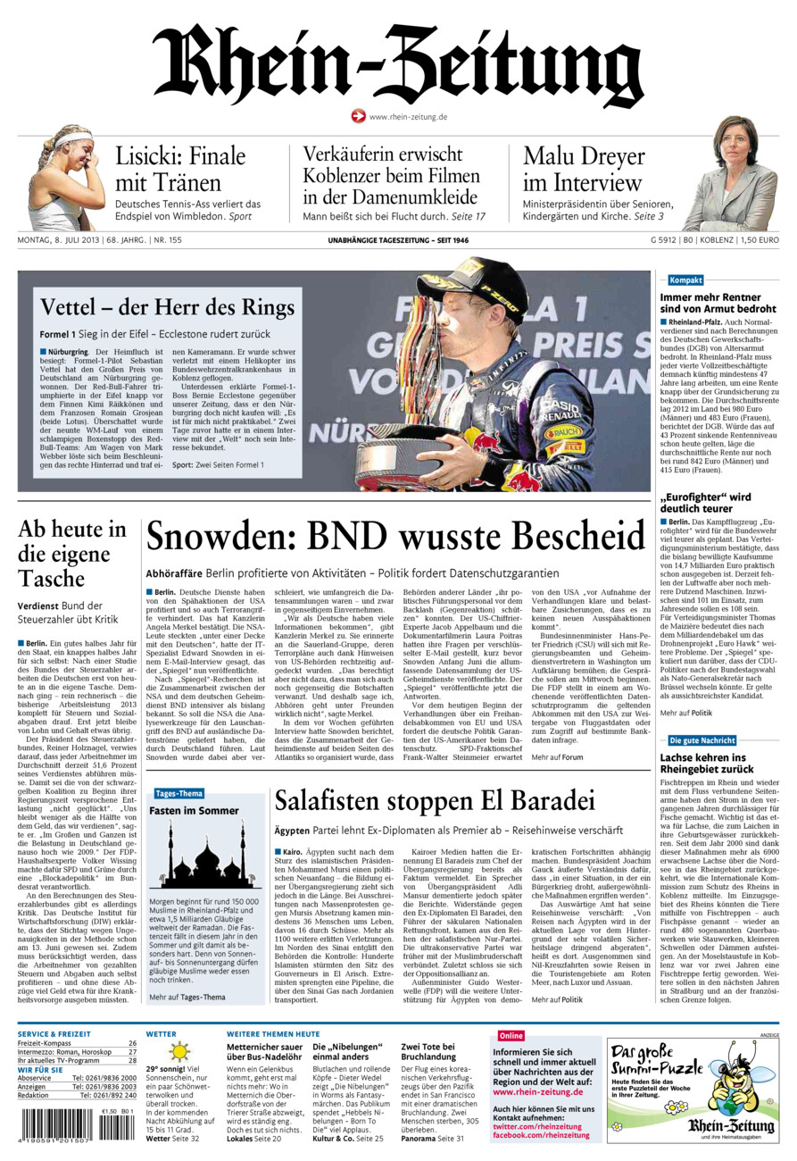 Rhein-Zeitung Koblenz & Region vom Montag, 08.07.2013