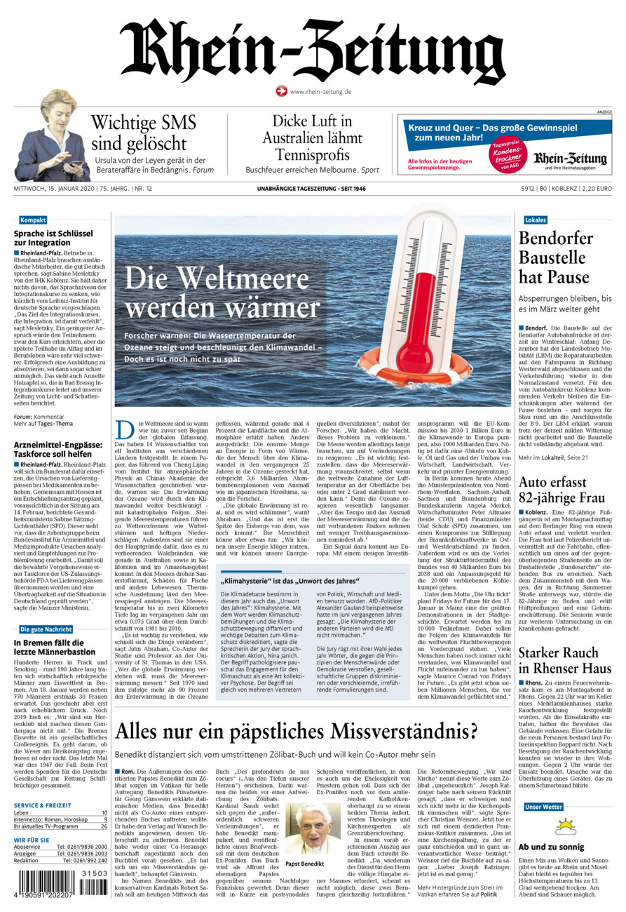Rhein-Zeitung Koblenz & Region vom Mittwoch, 15.01.2020