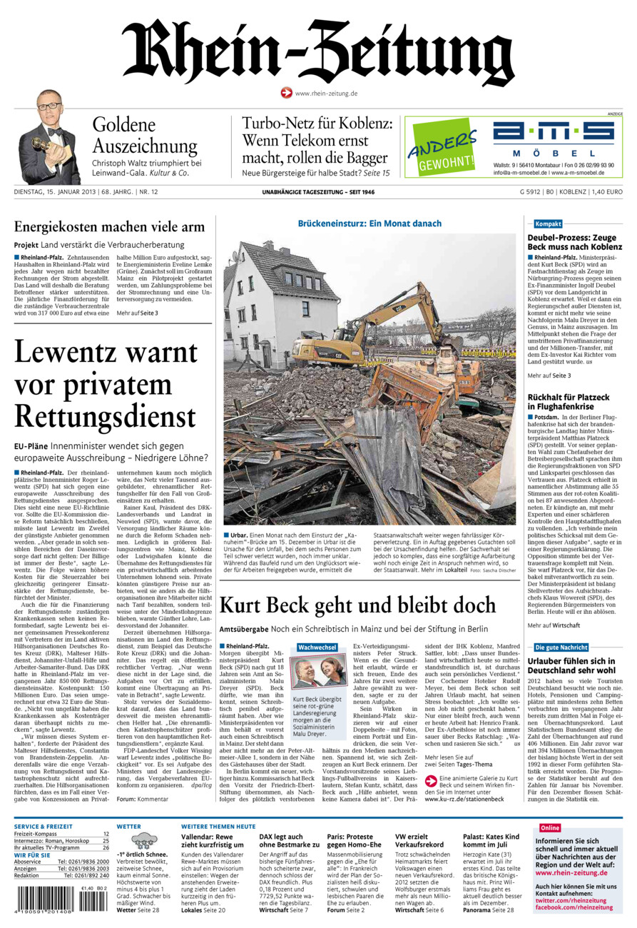 Rhein-Zeitung Koblenz & Region vom Dienstag, 15.01.2013