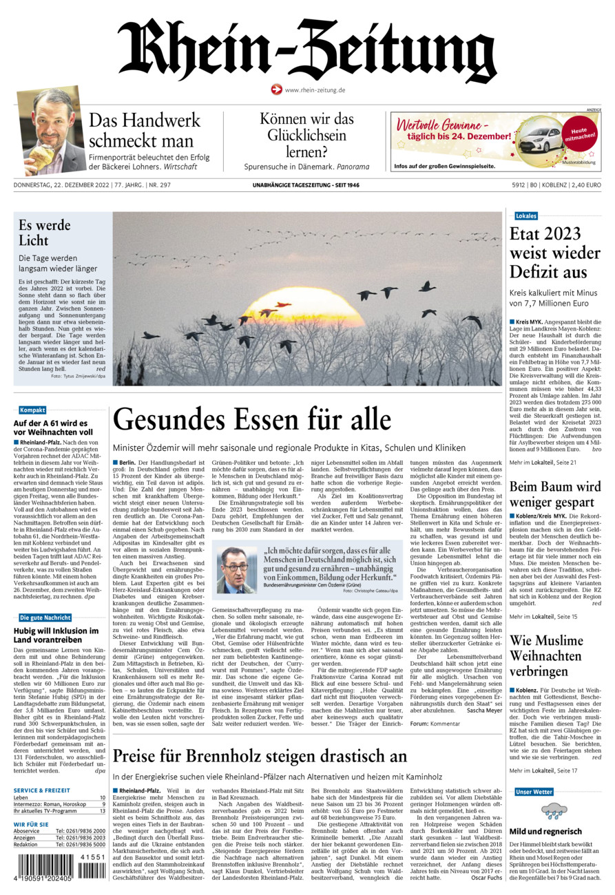 Rhein-Zeitung Koblenz & Region vom Donnerstag, 22.12.2022