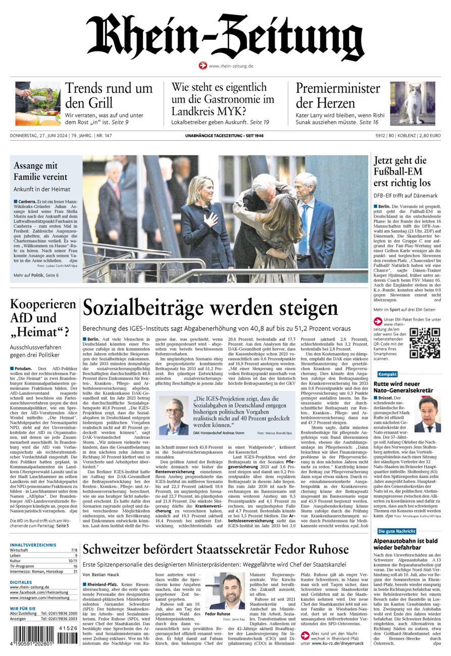 Rhein-Zeitung Koblenz & Region vom Donnerstag, 27.06.2024