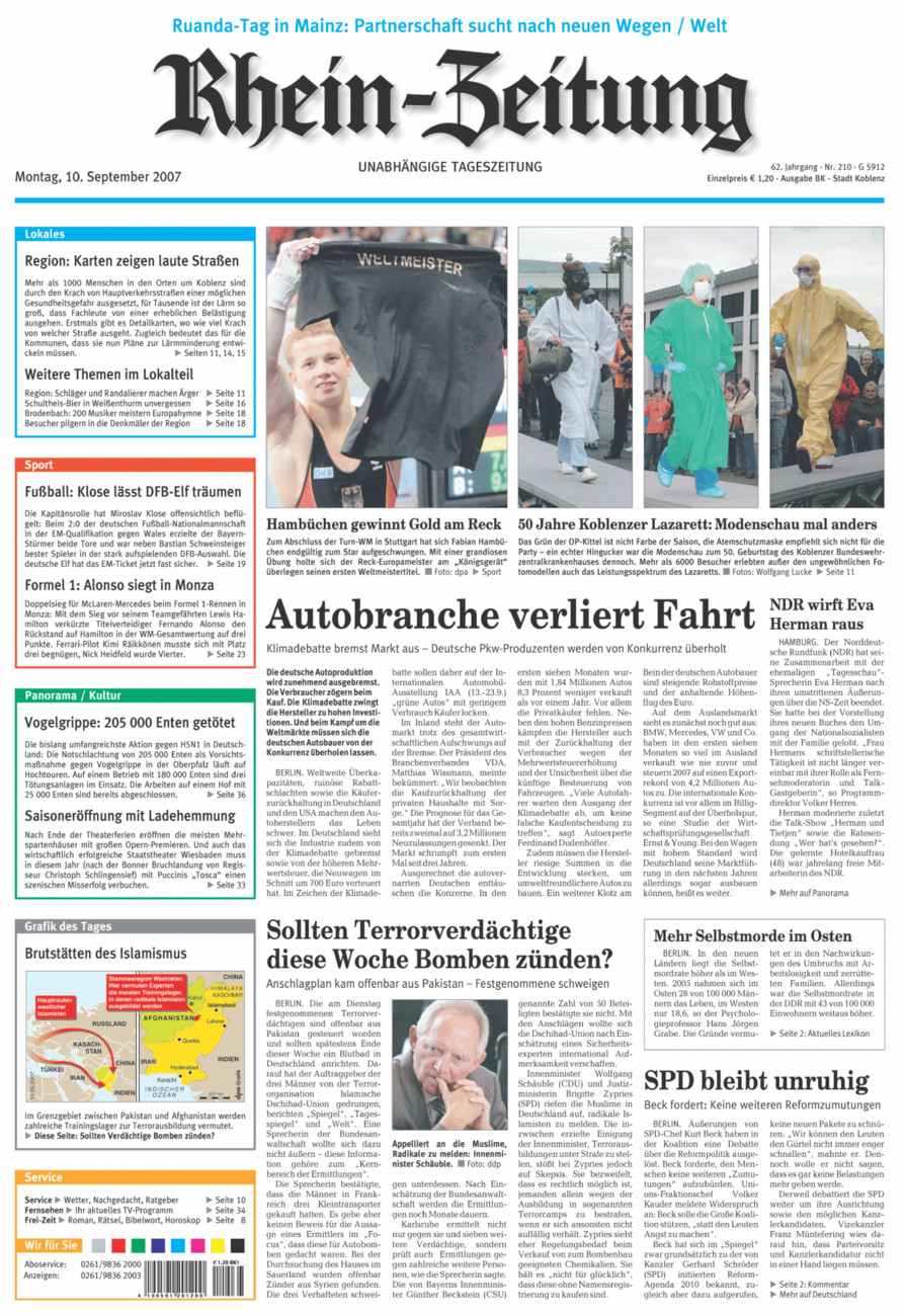 Rhein-Zeitung Koblenz & Region vom Montag, 10.09.2007