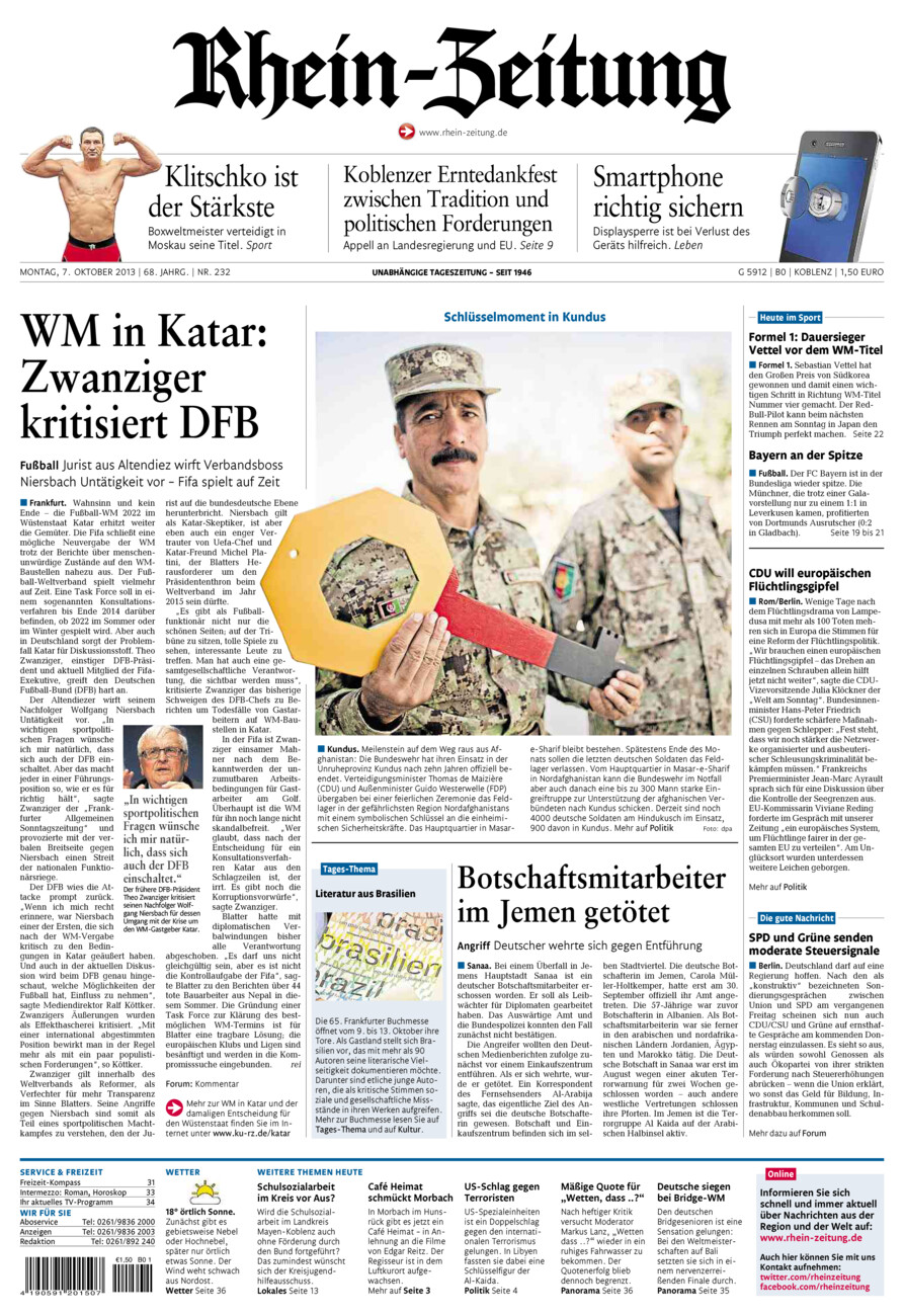 Rhein-Zeitung Koblenz & Region vom Montag, 07.10.2013