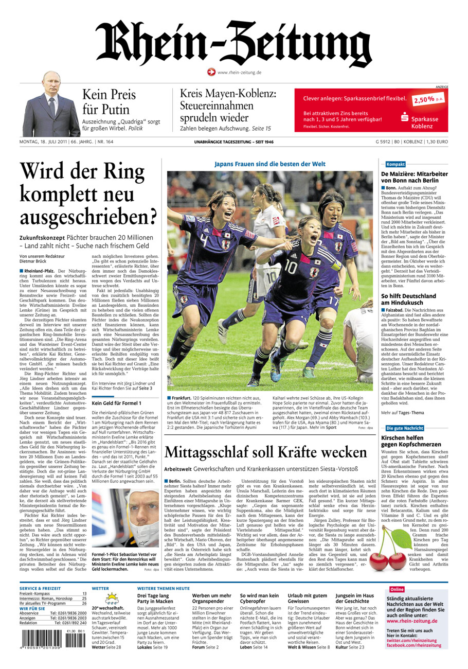 Rhein-Zeitung Koblenz & Region vom Montag, 18.07.2011