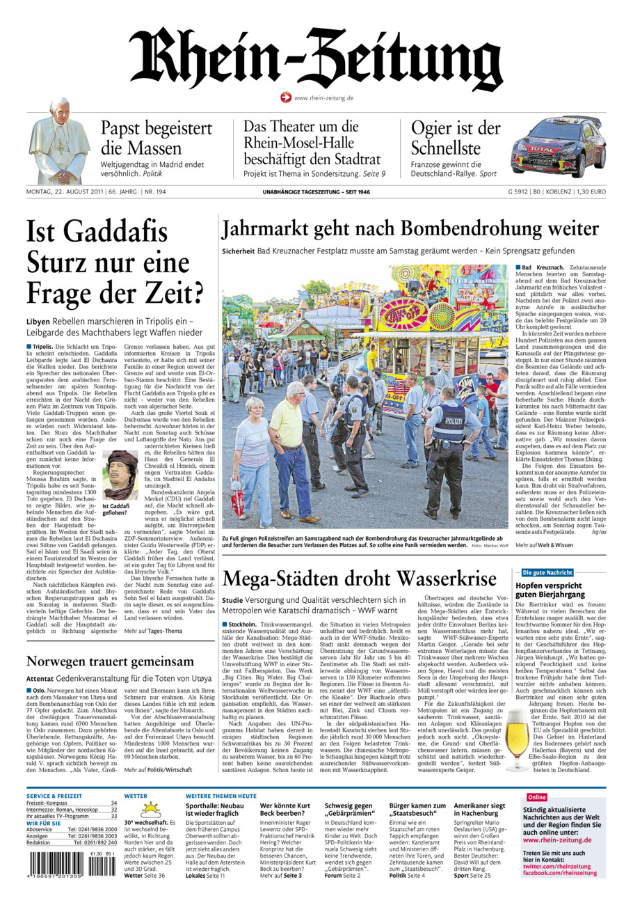 Rhein-Zeitung Koblenz & Region vom Montag, 22.08.2011