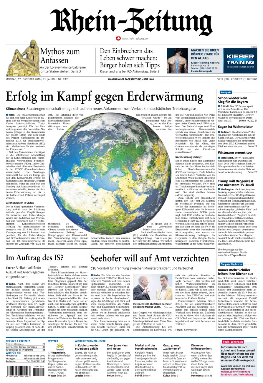 Rhein-Zeitung Koblenz & Region vom Montag, 17.10.2016