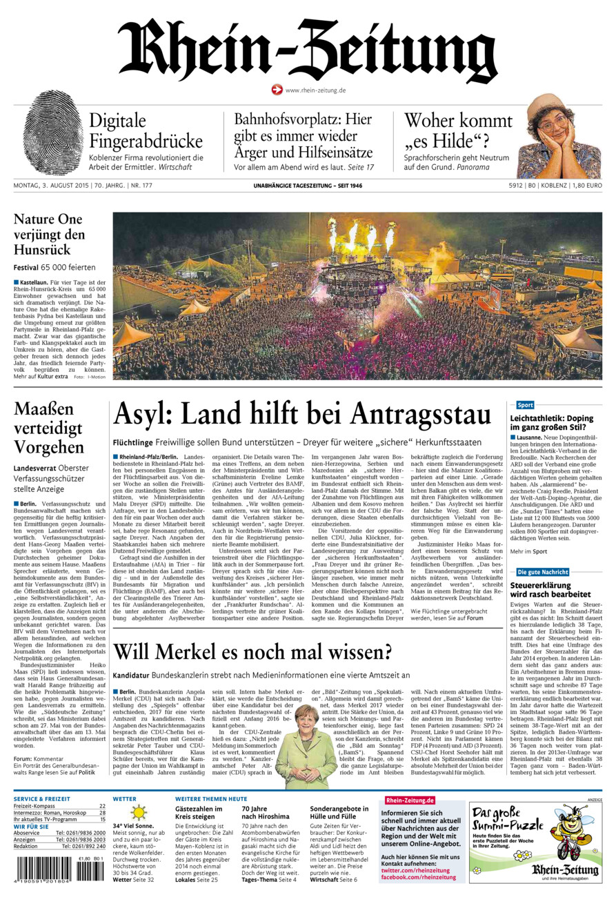 Rhein-Zeitung Koblenz & Region vom Montag, 03.08.2015