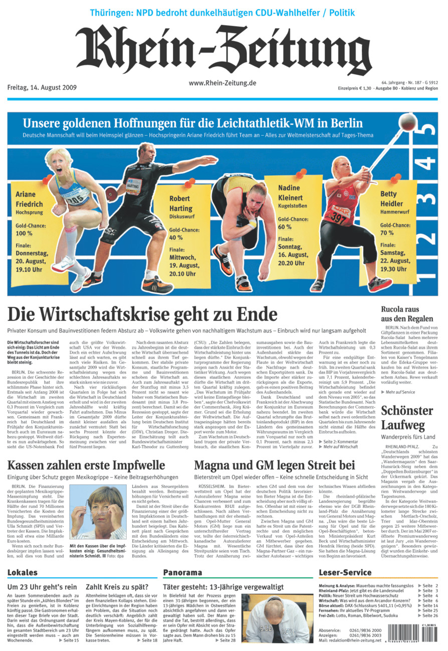 Rhein-Zeitung Koblenz & Region vom Freitag, 14.08.2009