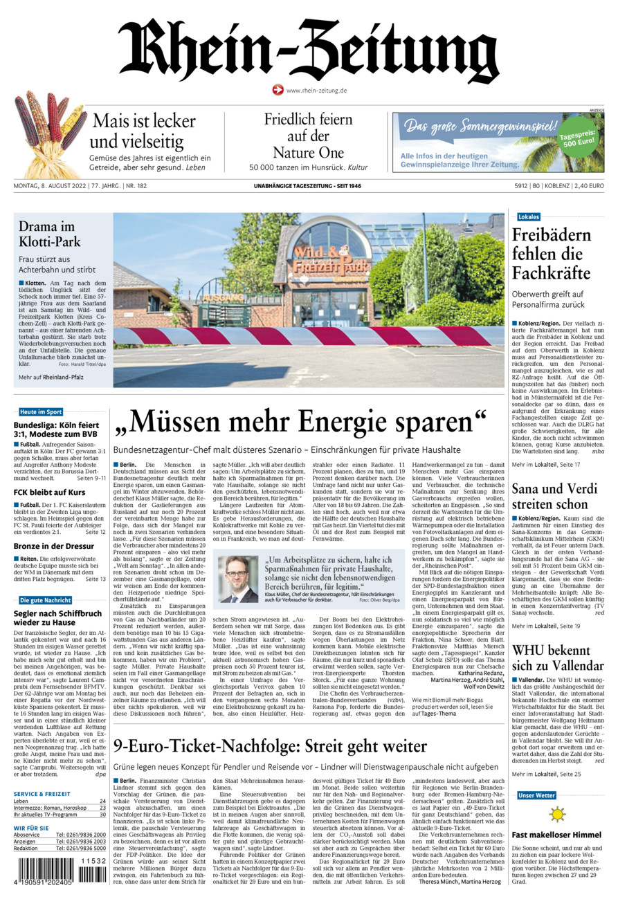 Rhein-Zeitung Koblenz & Region vom Montag, 08.08.2022