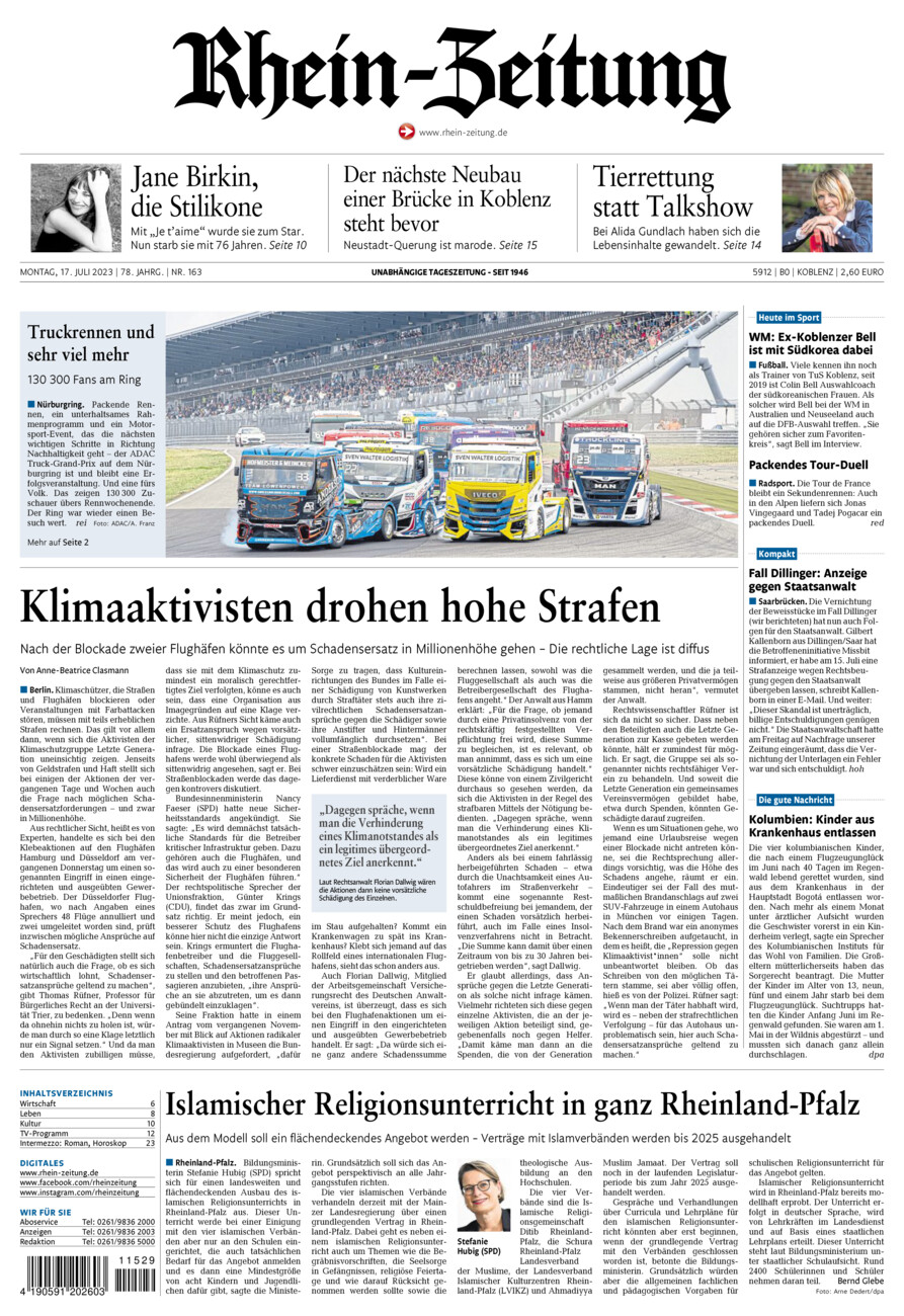 Rhein-Zeitung Koblenz & Region vom Montag, 17.07.2023