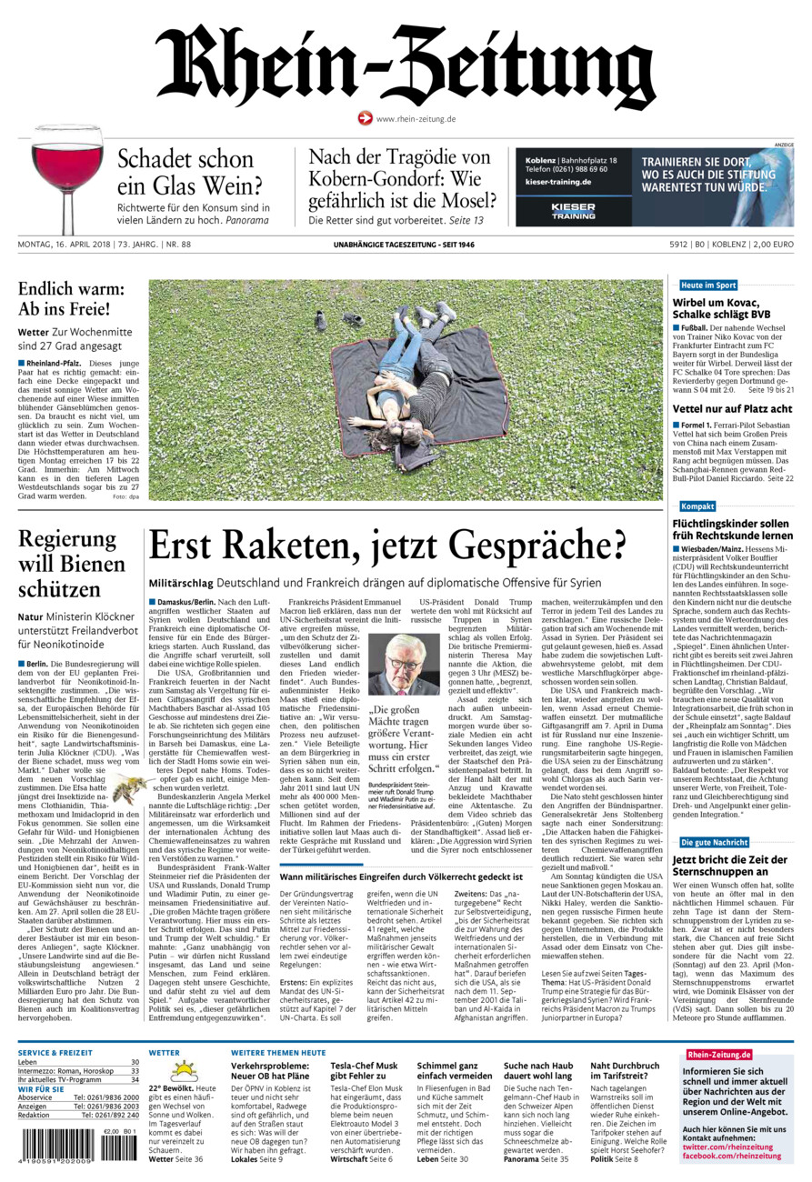 Rhein-Zeitung Koblenz & Region vom Montag, 16.04.2018