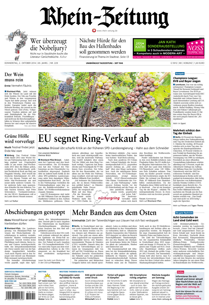 Rhein-Zeitung Koblenz & Region vom Donnerstag, 02.10.2014