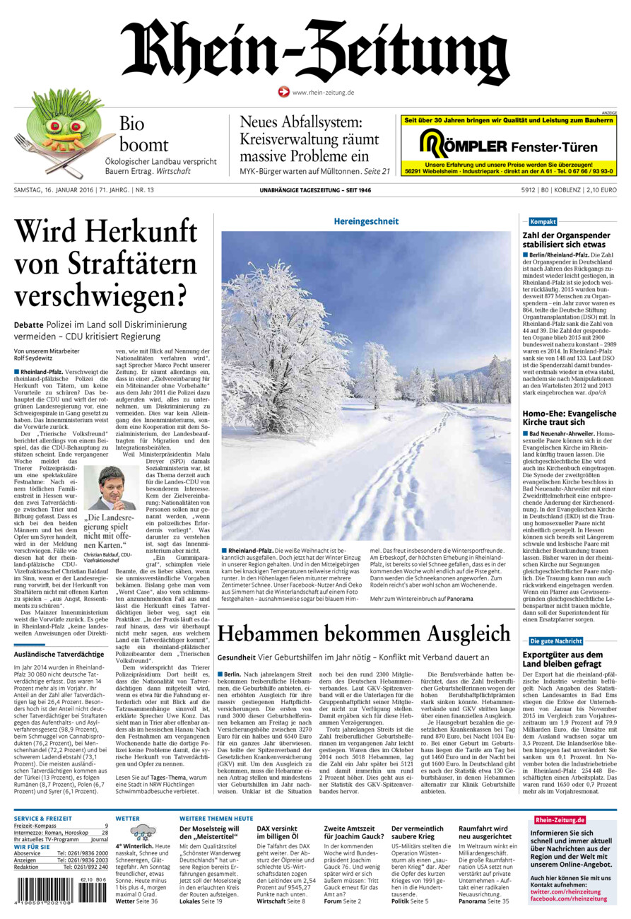 Rhein-Zeitung Koblenz & Region vom Samstag, 16.01.2016