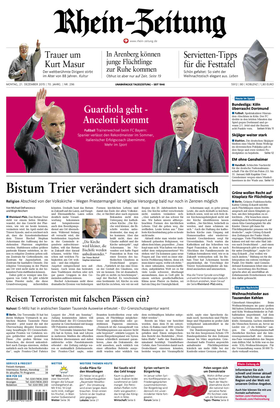 Rhein-Zeitung Koblenz & Region vom Montag, 21.12.2015