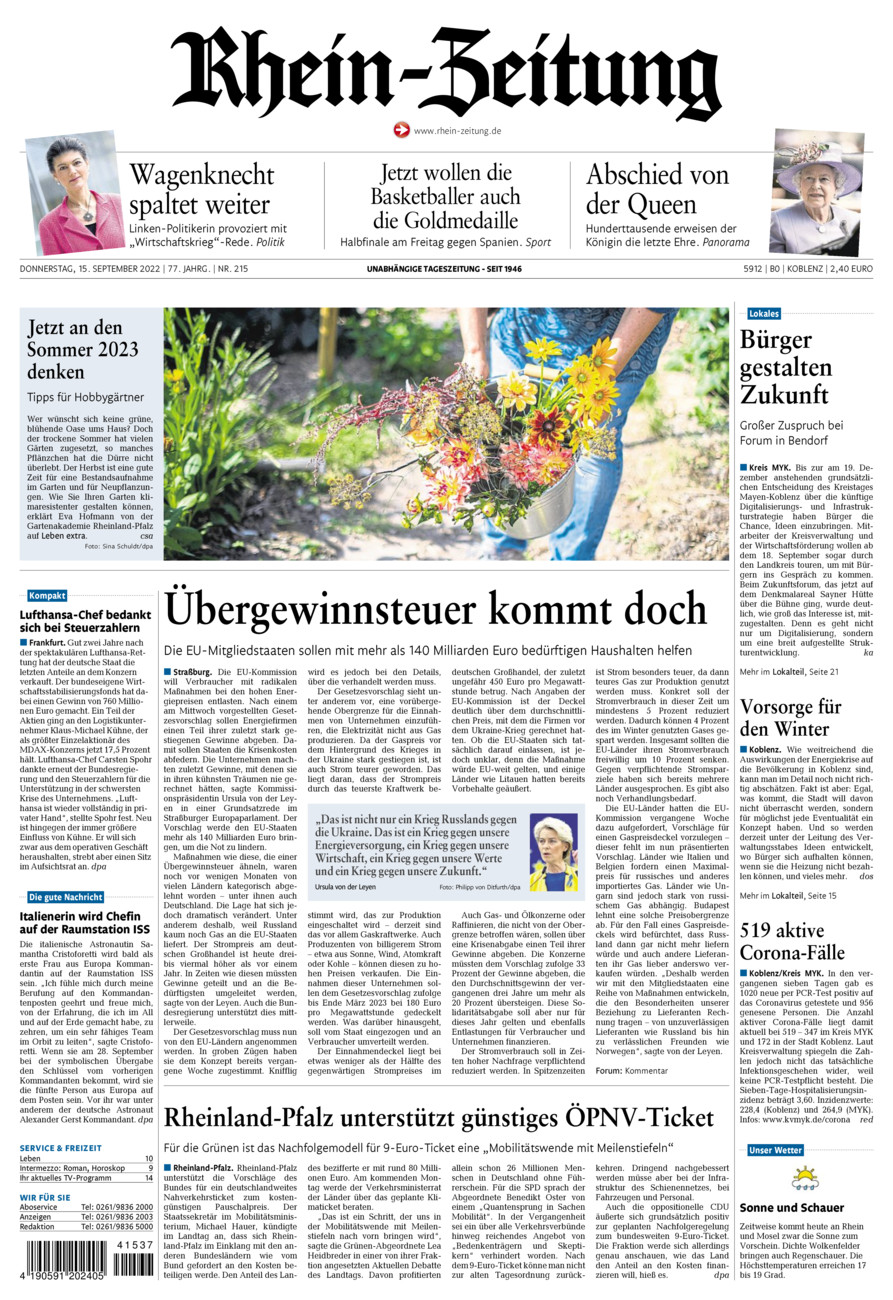 Rhein-Zeitung Koblenz & Region vom Donnerstag, 15.09.2022