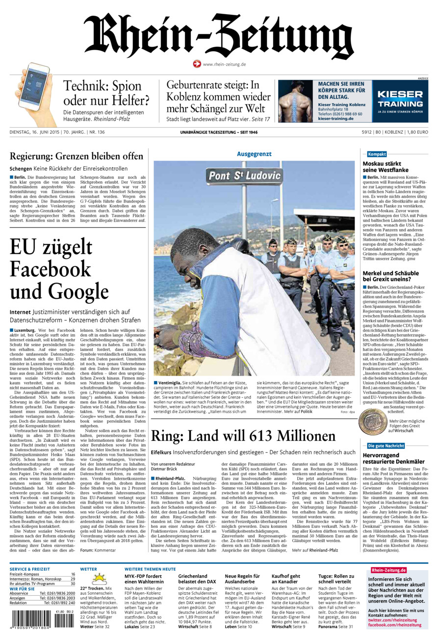 Rhein-Zeitung Koblenz & Region vom Dienstag, 16.06.2015