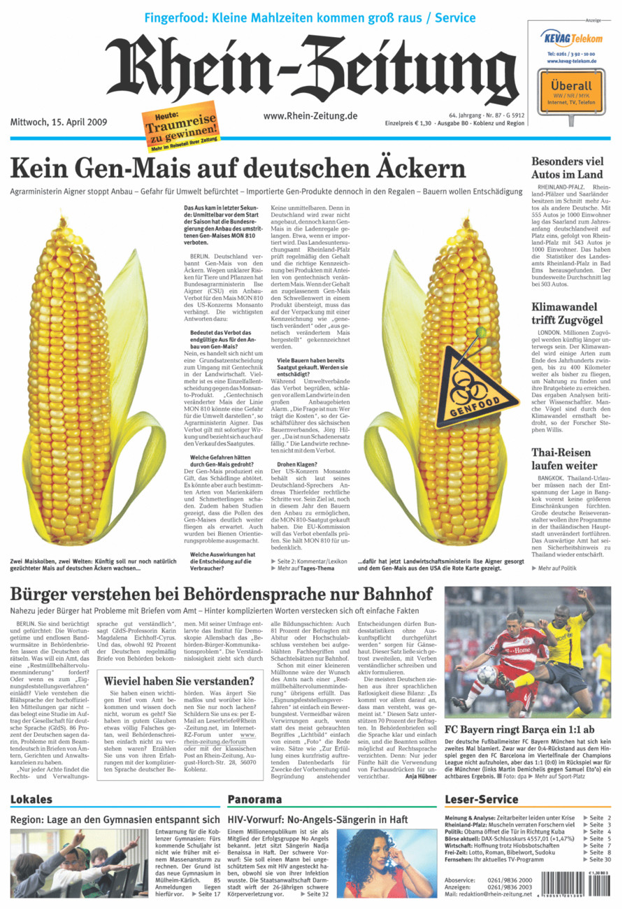Rhein-Zeitung Koblenz & Region vom Mittwoch, 15.04.2009