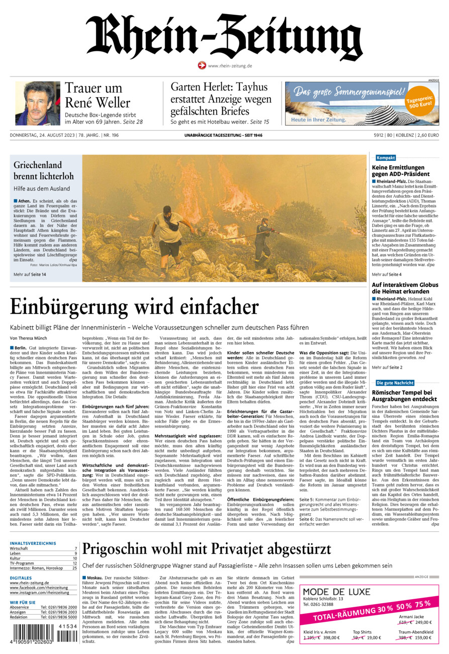 Rhein-Zeitung Koblenz & Region vom Donnerstag, 24.08.2023