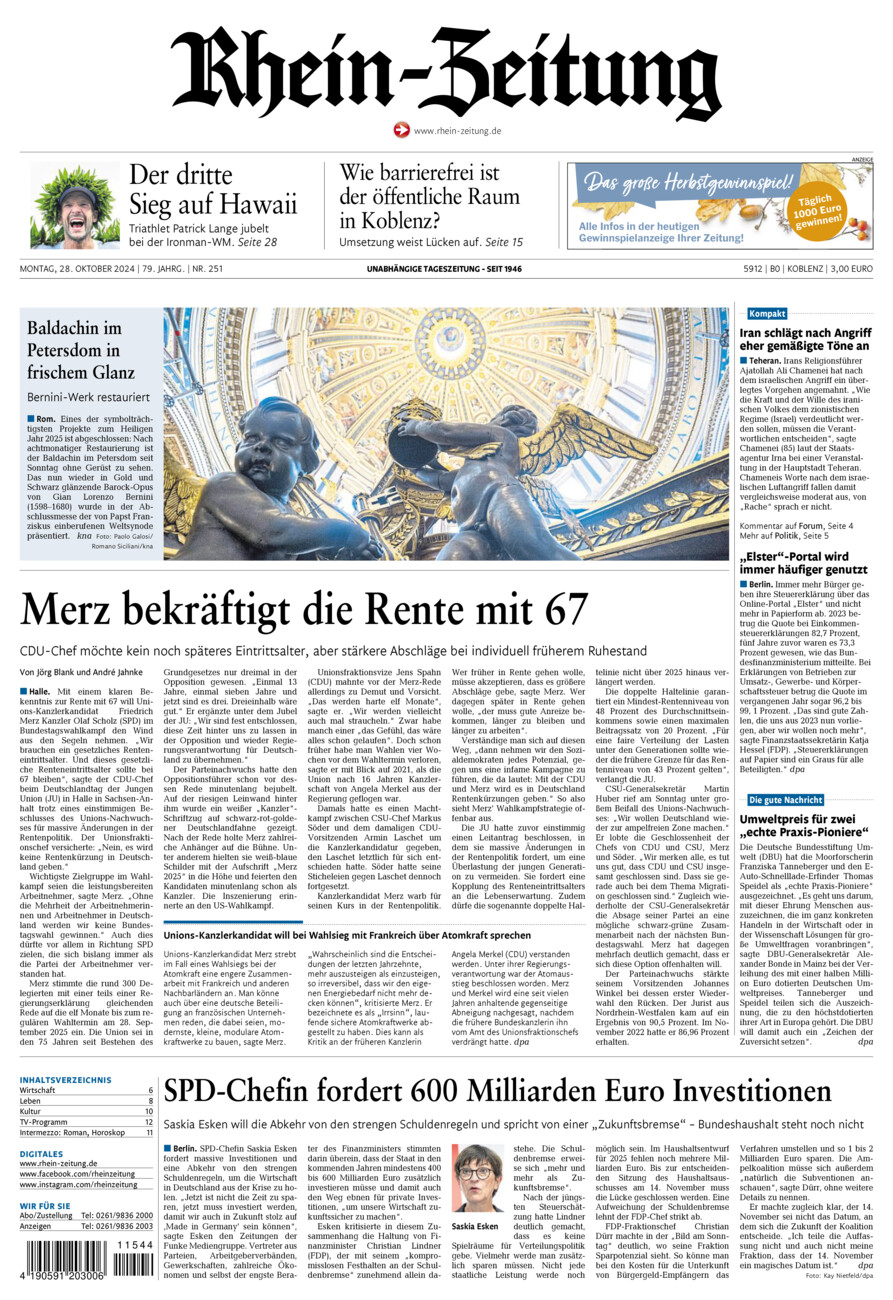 Rhein-Zeitung Koblenz & Region vom Montag, 28.10.2024