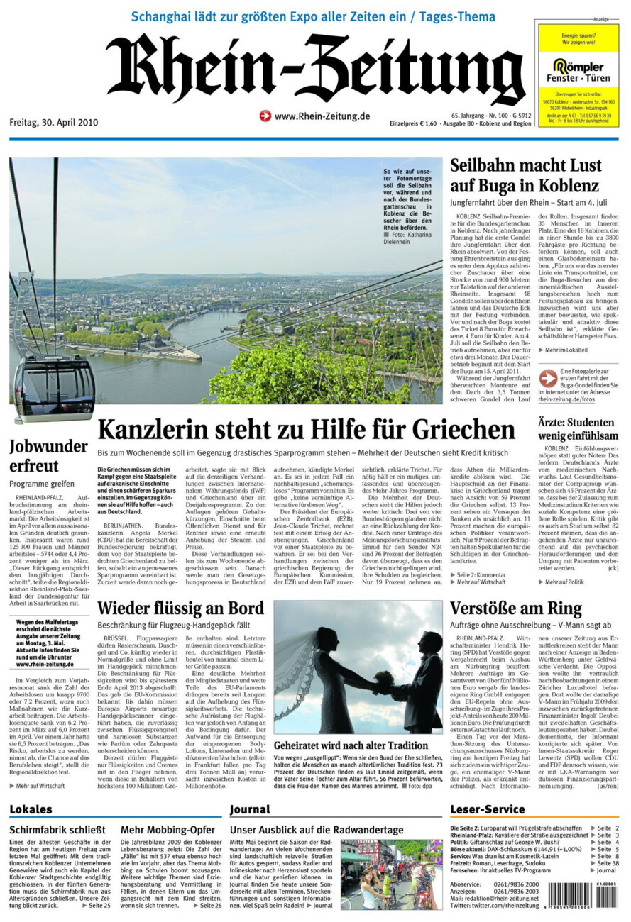 Rhein-Zeitung Koblenz & Region vom Freitag, 30.04.2010