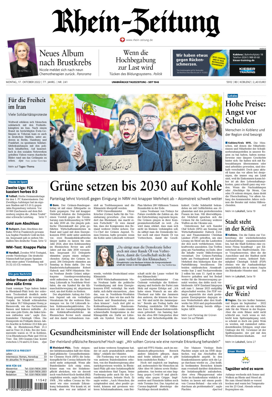 Rhein-Zeitung Koblenz & Region vom Montag, 17.10.2022
