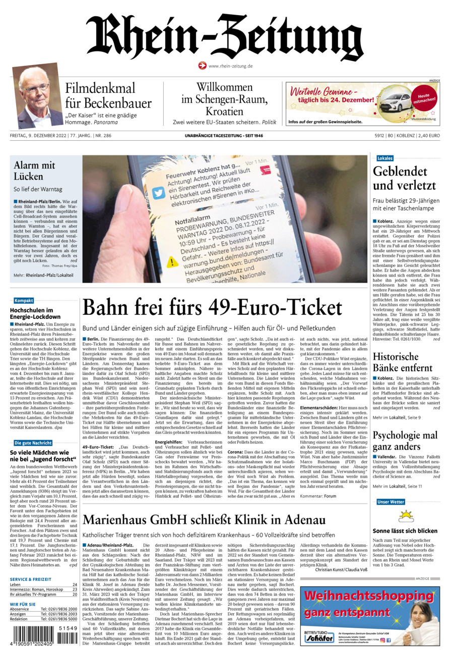 Rhein-Zeitung Koblenz & Region vom Freitag, 09.12.2022