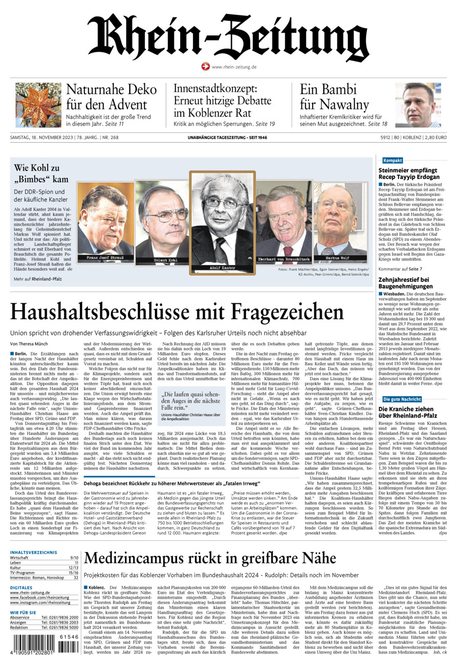 Rhein-Zeitung Koblenz & Region vom Samstag, 18.11.2023