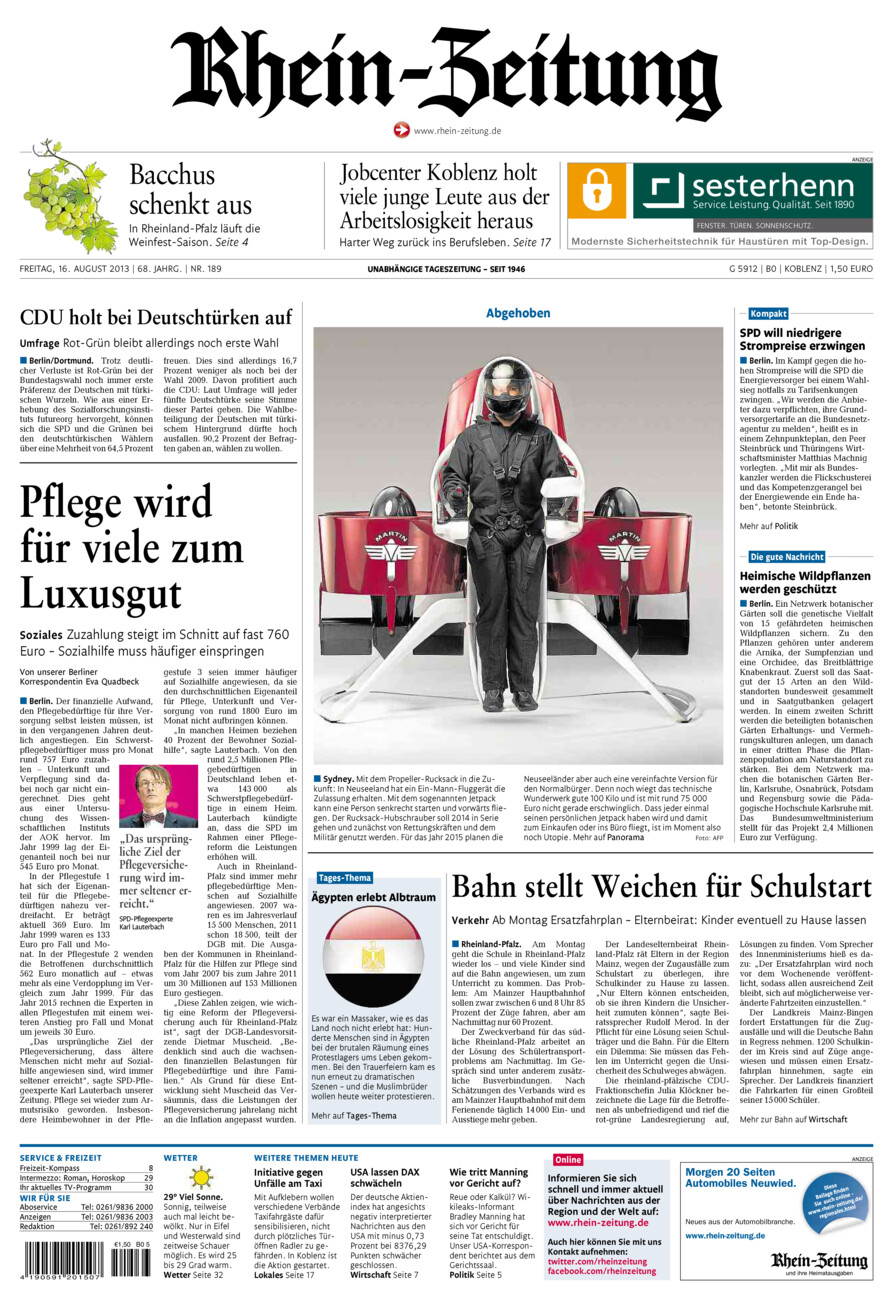 Rhein-Zeitung Koblenz & Region vom Freitag, 16.08.2013