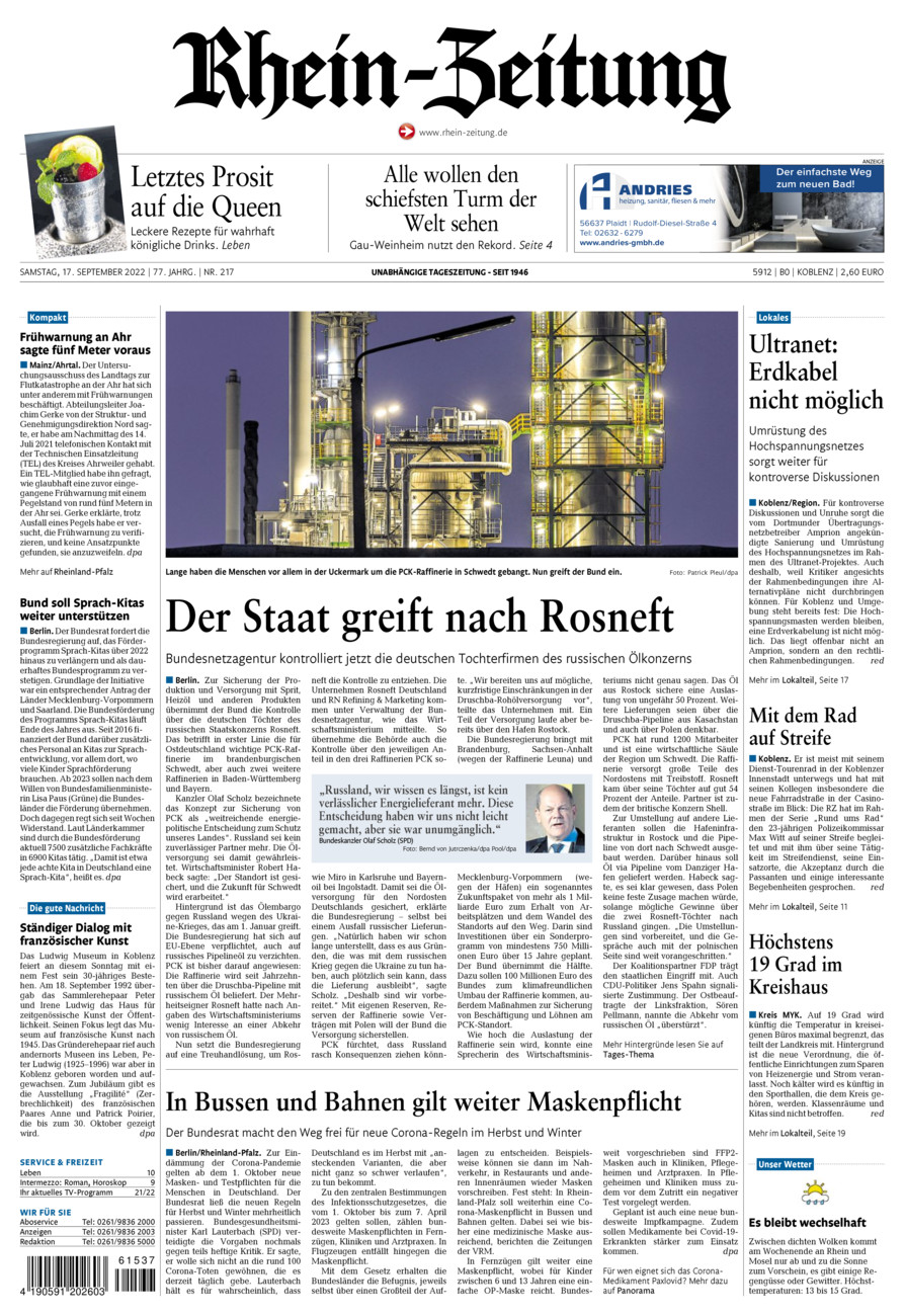Rhein-Zeitung Koblenz & Region vom Samstag, 17.09.2022