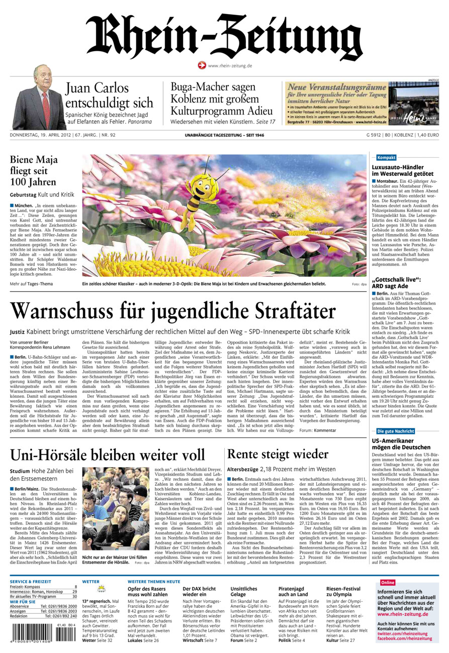 Rhein-Zeitung Koblenz & Region vom Donnerstag, 19.04.2012