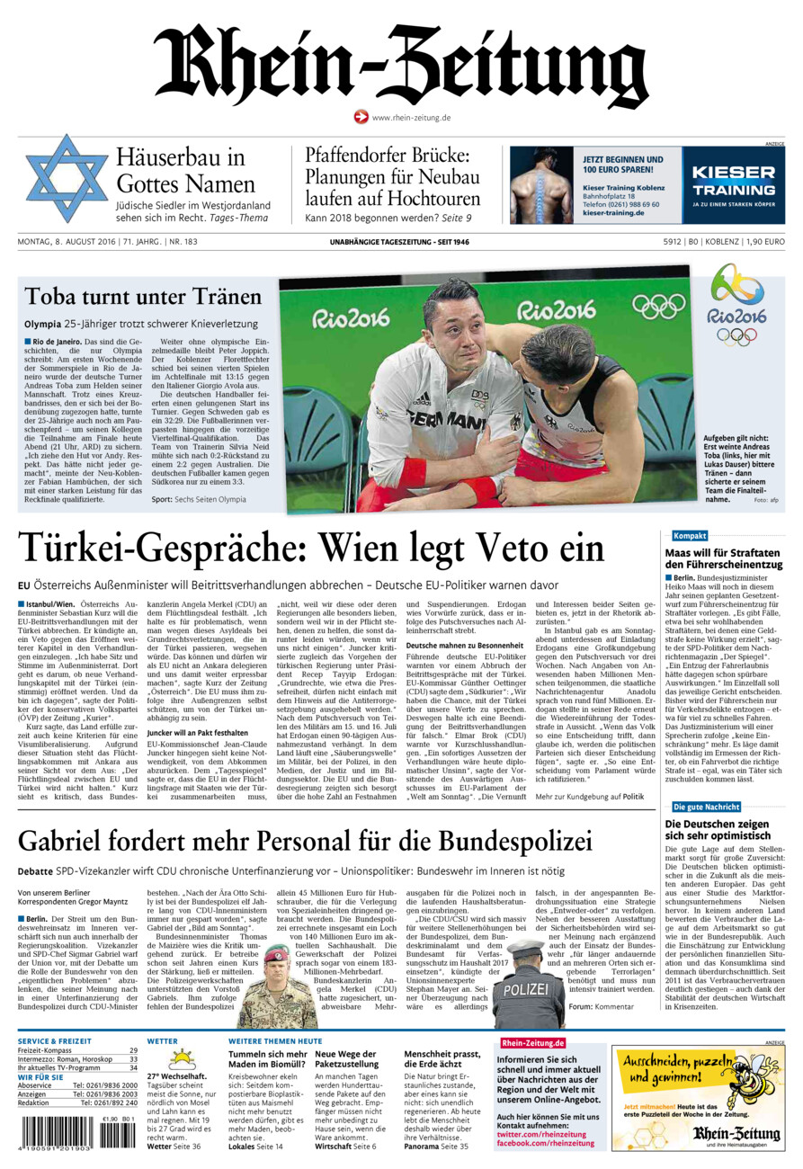 Rhein-Zeitung Koblenz & Region vom Montag, 08.08.2016