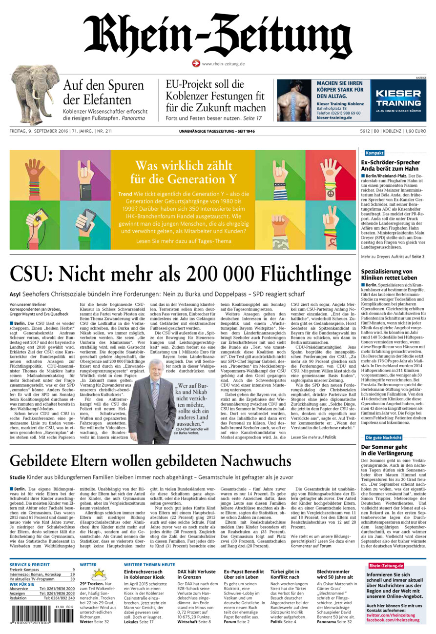 Rhein-Zeitung Koblenz & Region vom Freitag, 09.09.2016
