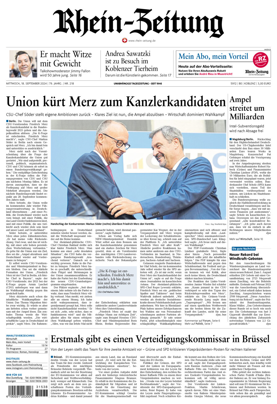 Rhein-Zeitung Koblenz & Region vom Mittwoch, 18.09.2024