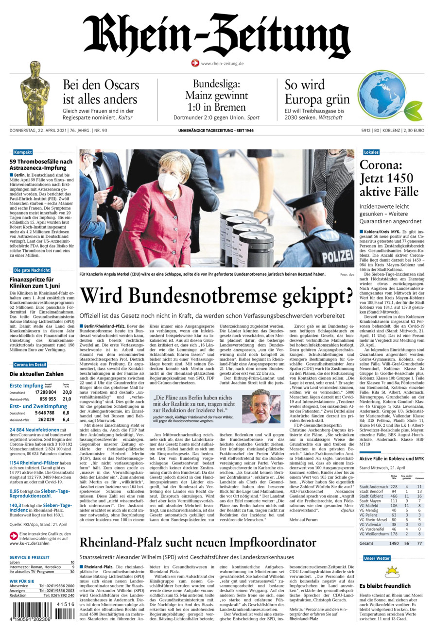 Rhein-Zeitung Koblenz & Region vom Donnerstag, 22.04.2021