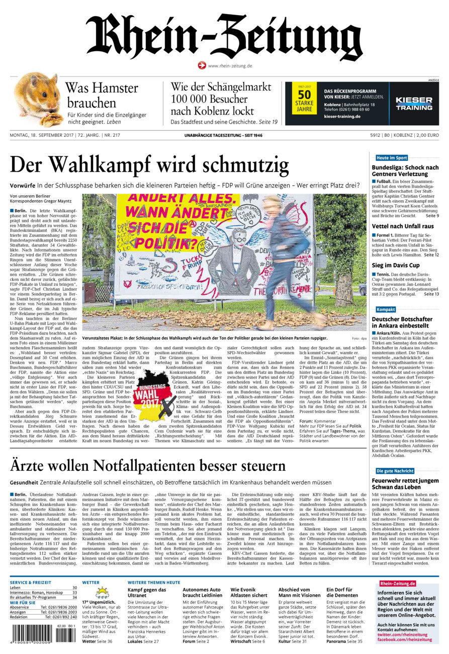 Rhein-Zeitung Koblenz & Region vom Montag, 18.09.2017