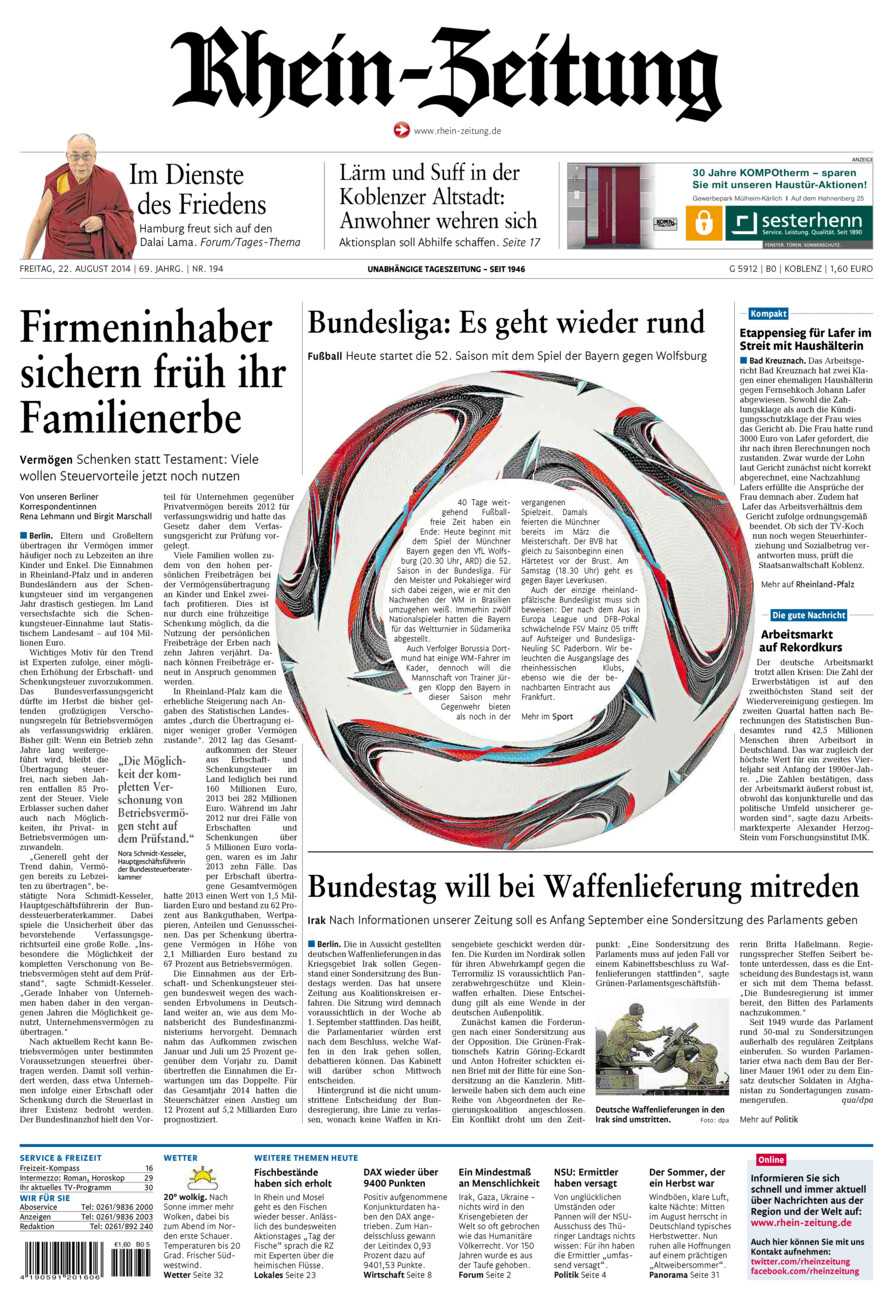 Rhein-Zeitung Koblenz & Region vom Freitag, 22.08.2014