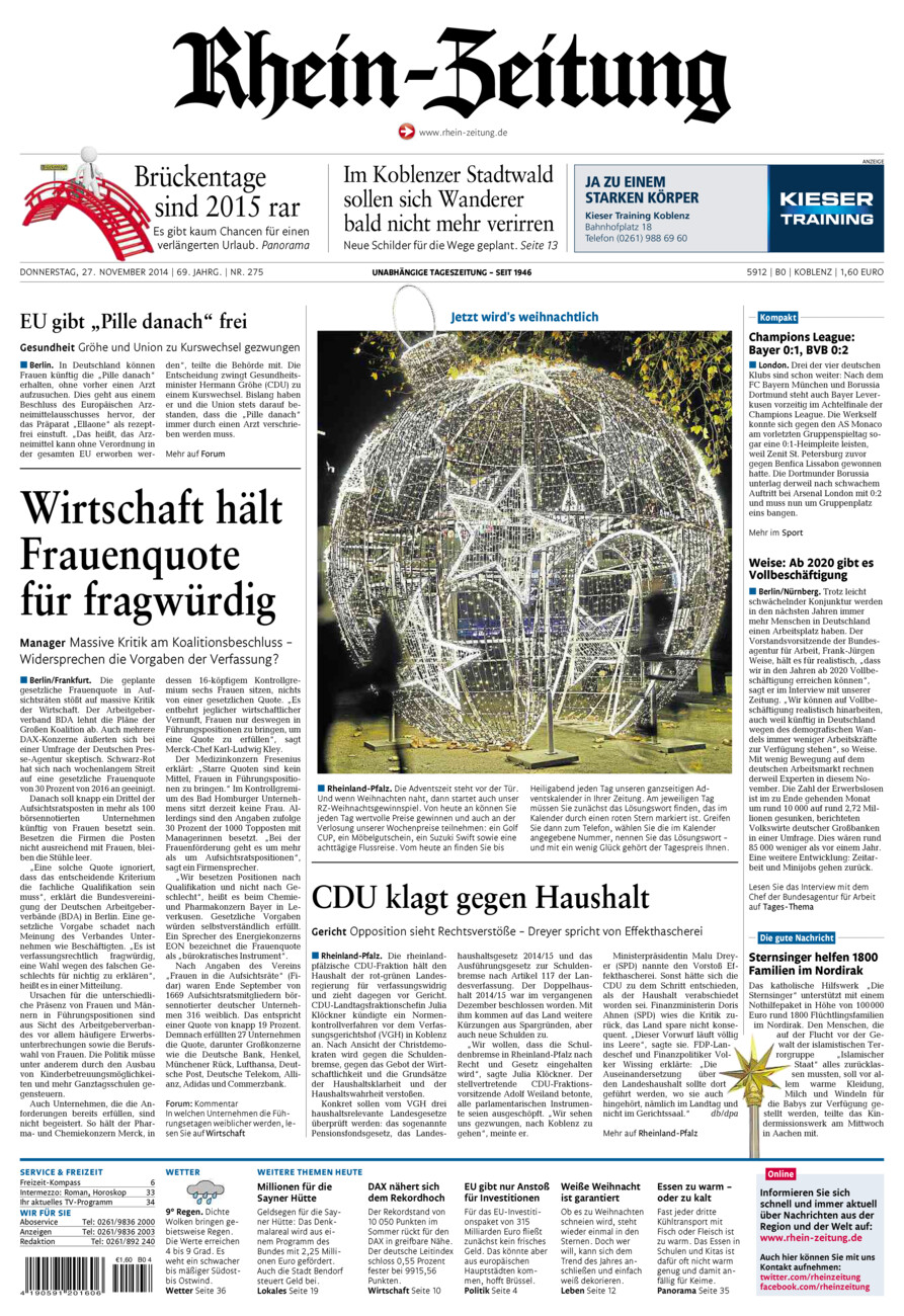 Rhein-Zeitung Koblenz & Region vom Donnerstag, 27.11.2014