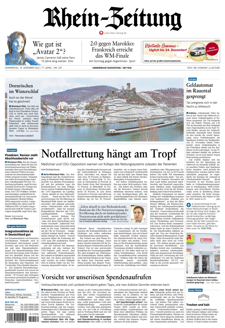 Rhein-Zeitung Koblenz & Region vom Donnerstag, 15.12.2022