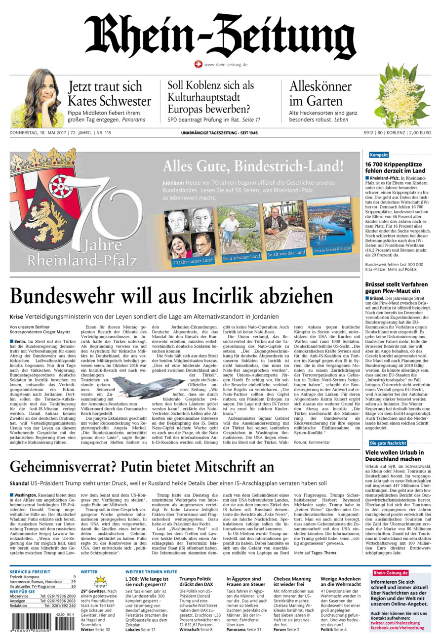 Rhein-Zeitung Koblenz & Region vom Donnerstag, 18.05.2017