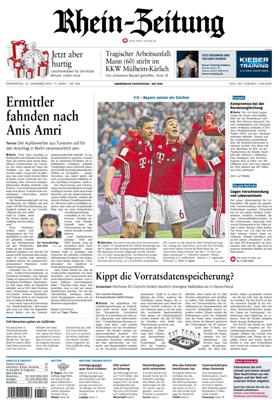 Rhein-Zeitung Koblenz & Region vom Donnerstag, 22.12.2016