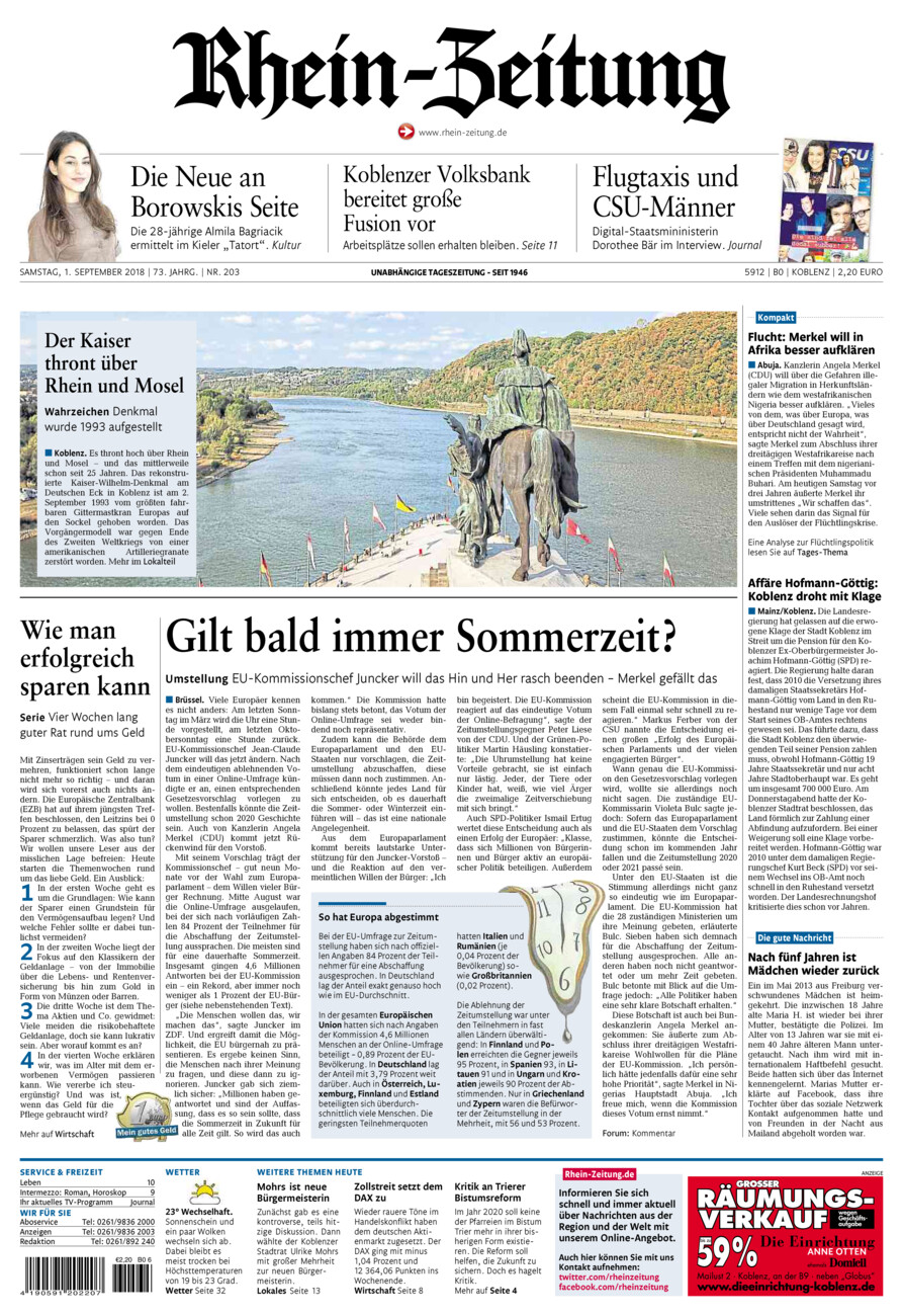 Rhein-Zeitung Koblenz & Region vom Samstag, 01.09.2018