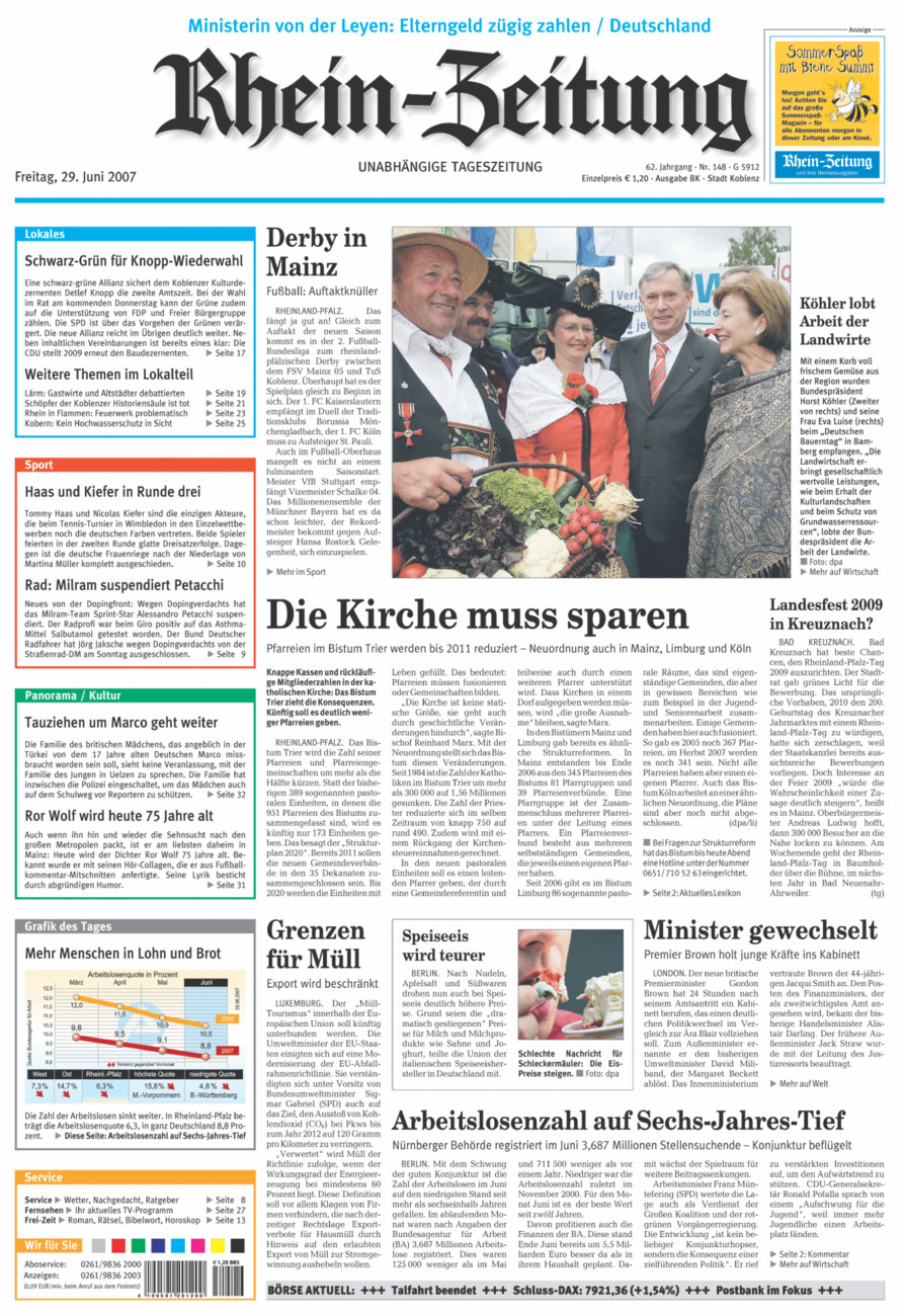 Rhein-Zeitung Koblenz & Region vom Freitag, 29.06.2007