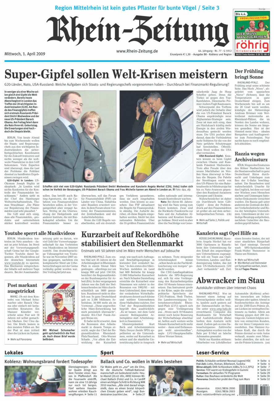 Rhein-Zeitung Koblenz & Region vom Mittwoch, 01.04.2009