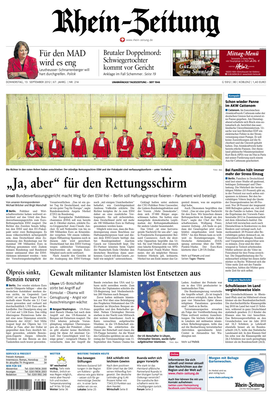 Rhein-Zeitung Koblenz & Region vom Donnerstag, 13.09.2012