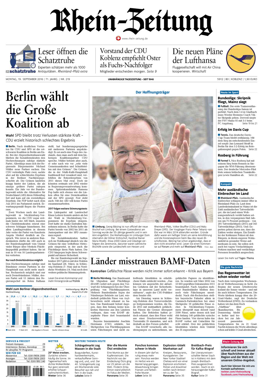 Rhein-Zeitung Koblenz & Region vom Montag, 19.09.2016