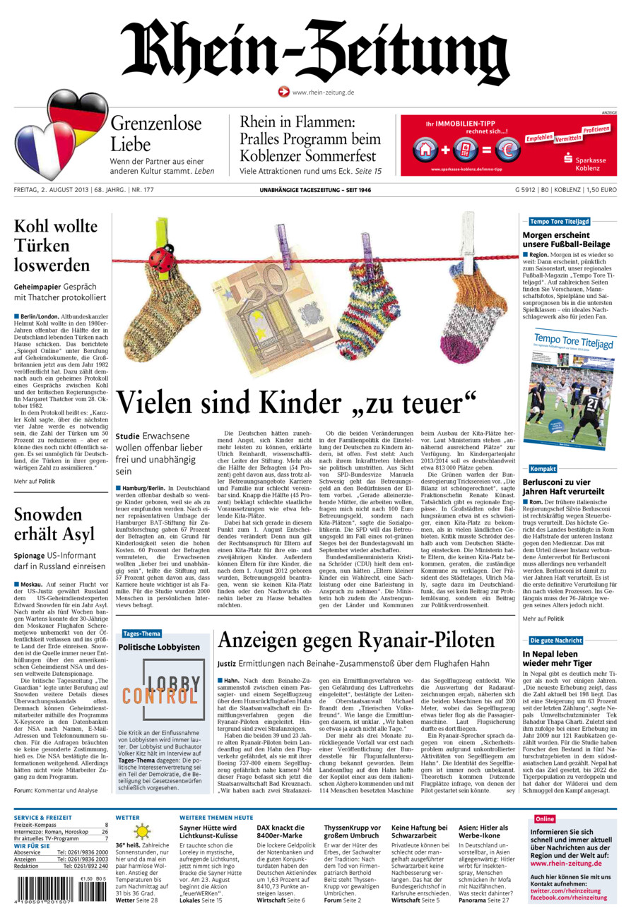 Rhein-Zeitung Koblenz & Region vom Freitag, 02.08.2013