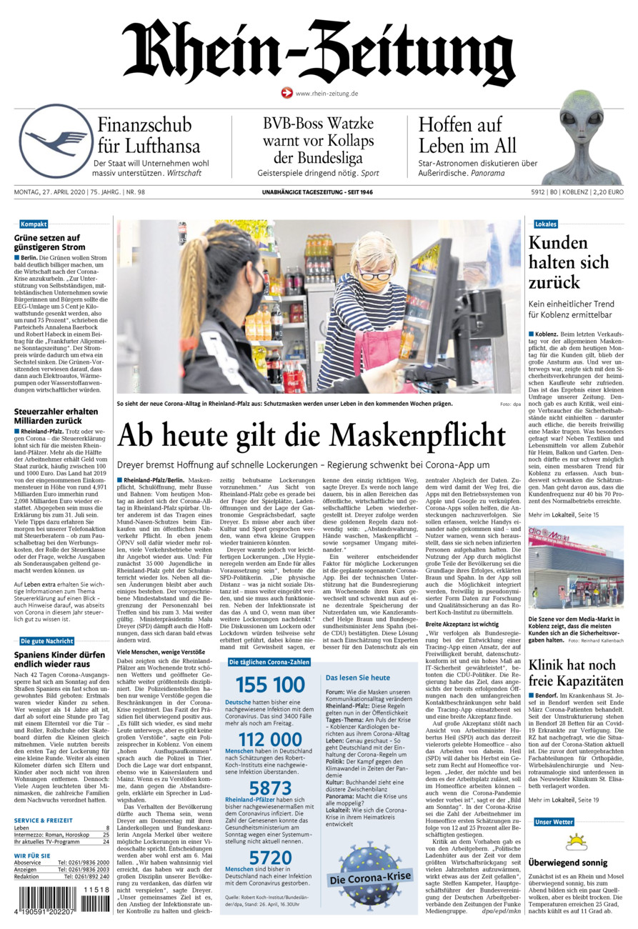 Rhein-Zeitung Koblenz & Region vom Montag, 27.04.2020